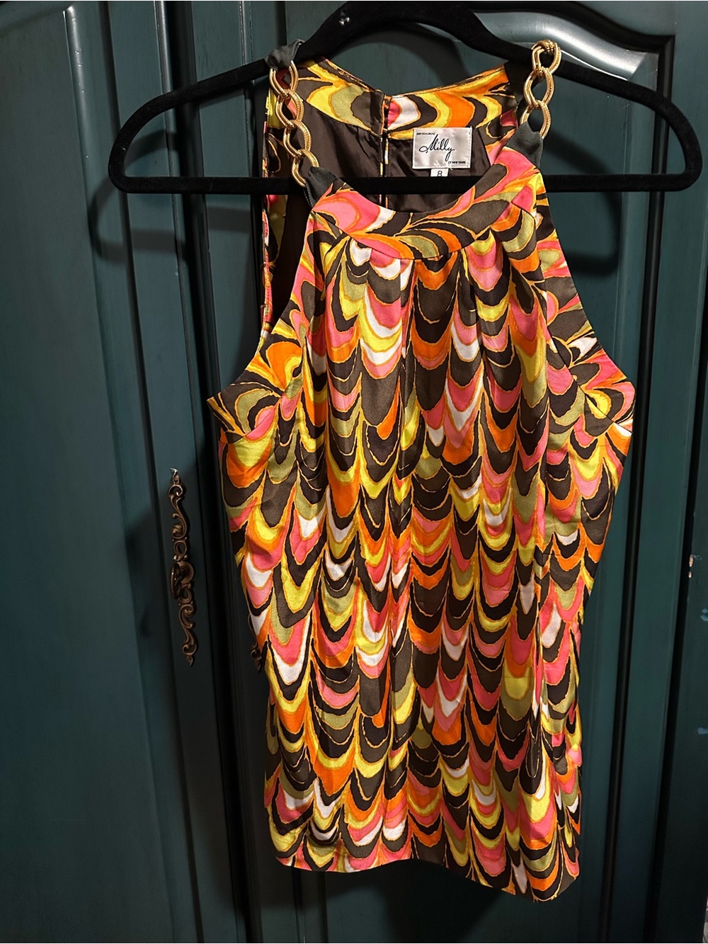 Milly Women’s Multi-Color yellow Patterned Halter Top with Chain Straps, Sz 6